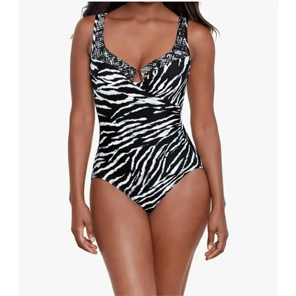 Miraclesuit NWT Tigre Sombre Escape One Piece Swimsuit Black White Size 16